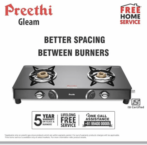 Preethi Blu Flame Gleam Glass Top 2-Burner Manual Gas Stove (Black) (ISI Certified), GTS102 - Image 3